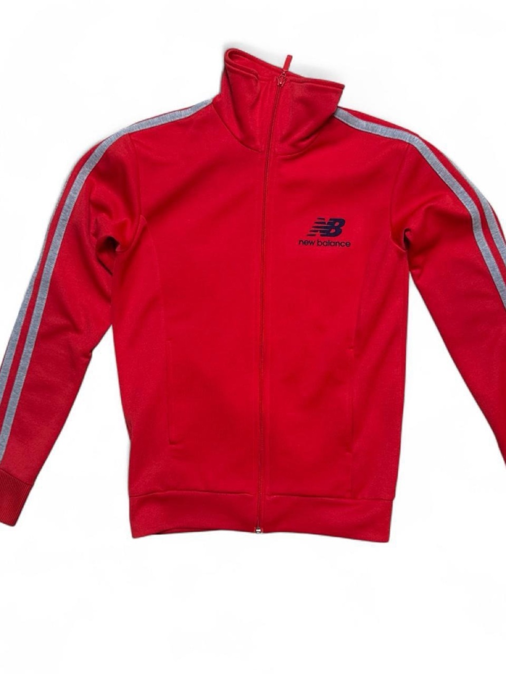 Classic New Balance Red Track Jacket with Gray Stripes – Tagged Size 90
